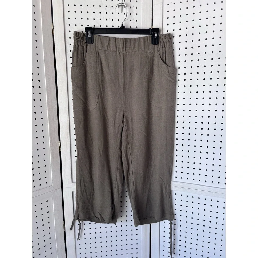 North Style Women's M Green Pull On Linen Rayon Capri Pants‎